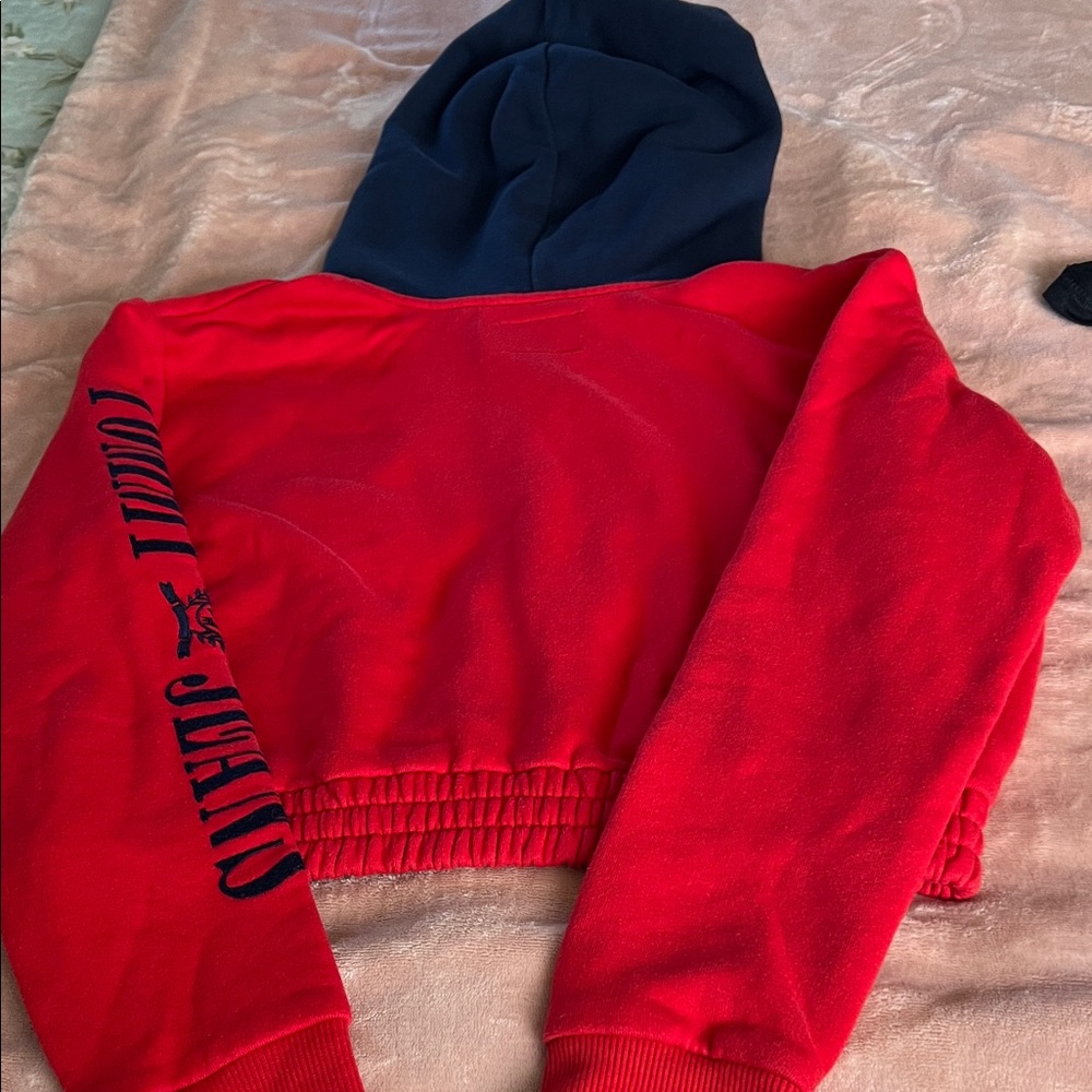 Tommy Hilfiger Jeans Cropped Retro 90s Hoodie Spell Out Sleeve Woman’s XS - Picture 6 of 8